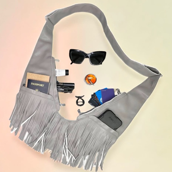 Gray Faux Leather Fringe Crossbody Bag - Picture 1 of 5